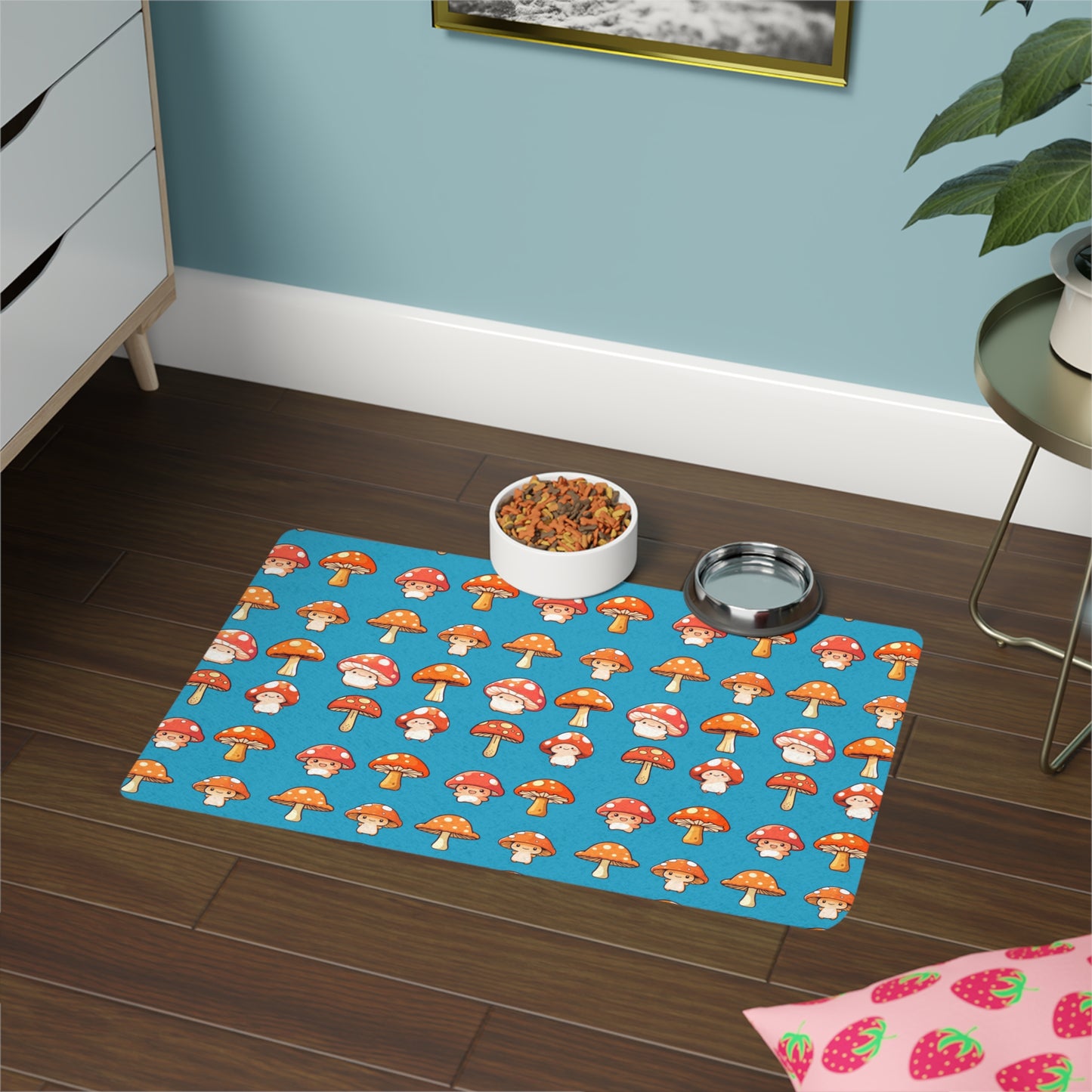 Blue Mushroom Print Pet Food Mat (12x18)